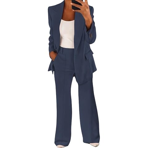 2 Piece Outfits for Women Dressy Blazer Lapel Slim Jackets High Waisted Straight Wide Leg Pants Suits Business