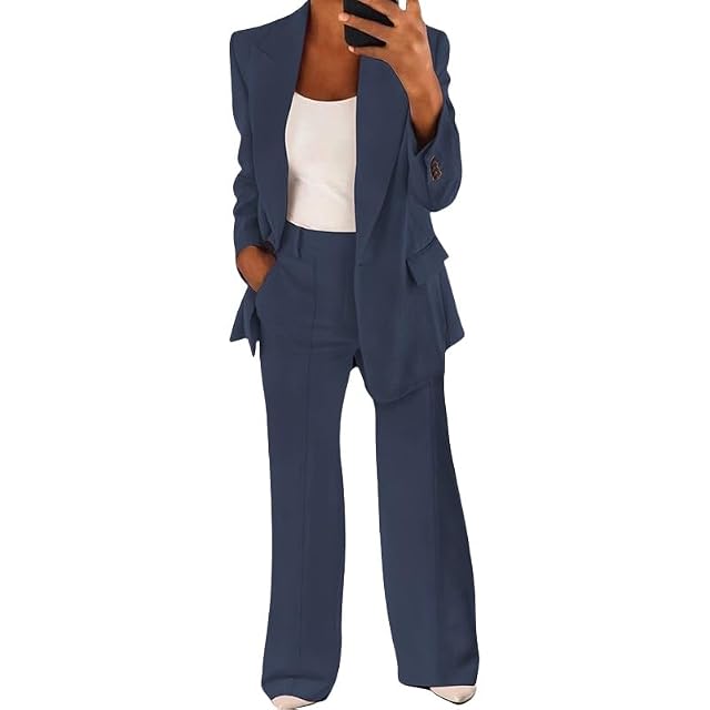 2 Piece Outfits for Women Dressy Blazer Lapel Slim Jackets High Waisted Straight Wide Leg Pants Suits Business