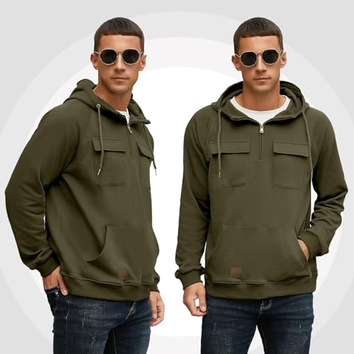 QIXING Men's Cargo Hoodies Quarter-Zip Sweatshirts Tactical Jumpers Casual Gym Athletic Loose Hooded Tops - Image 6