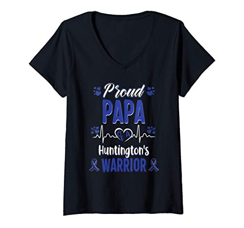 Mujer proud Papa Huntington's warrior awareness ribbon Blue Camiseta Cuello V