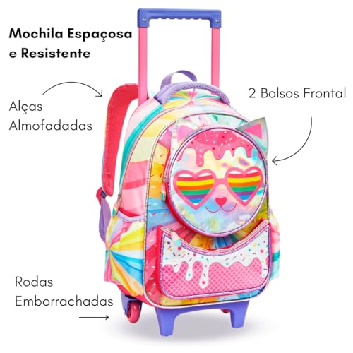 kit Mochila Escolar Menina Carrinho Lancheira Térmica Estojo Duplo