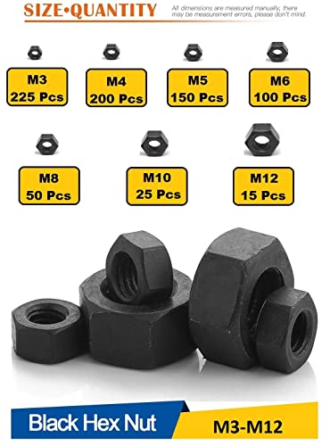 Image of Hi Tensile Black Hexagonal Nuts 7 Sizes M3, M4, M5, M6, M8, M10, M12 Assortment Pack of 765 Pcs with Storage Box