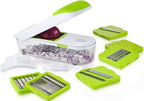 Gourmia GCU9215 Multipurpose Kitchen Dicer Set Mandoline, Julienne, Slicer, Chopper, Shredder,and Grater Set With 7 Interchangeable Stainless Steel Blades,Hand Guard&Storage Lid,BPA free
