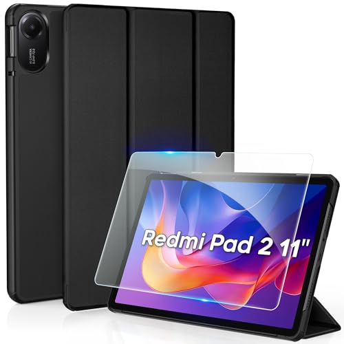 CACOE Funda para Xiaomi Redmi Pad 2 de 11 pulgadas con protector de pantalla - Ultra fina con función atril Slim PU Cuero Smart Case Negro