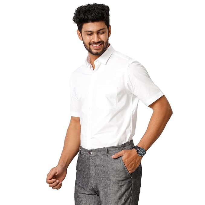 Image of RAMRAJ COTTON Men Solid Regular Fit Half Sleeve Ethnic White Cotton Blend Shirt