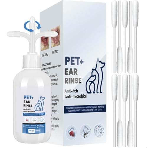 Image of Dog Ear Cleaner - Dog Ear Inflammation Therapy with 0.012% Hypochlorous Acid for Itch Relief, Soothe Ear Inflammation, Removes Wax, Odor, with 30 Cotton Swabs, 4 Fl oz