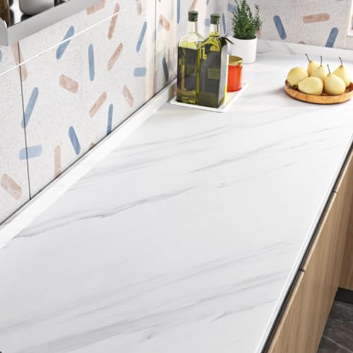 Livelynine 24 Inch Wide Carrera White Marble Peel and Stick Countertop Contact Paper Marble Contact Paper for Countertops Wateproof Wallpaper for Bathroom White Marble Wallpaper Peel Stick for Walls by Livelynine - Used condition - Image 2
