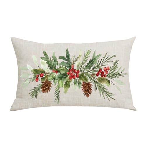 WENIANRU Ink Painting Watercolor Green Leaves Pinecone Merry Christmas Home Sofa Chair Bed Decoration Lumbar Pillowcase Cotton Linen Decorative Throw Pillow Cover Case Rectangular 12 x 20 Inches