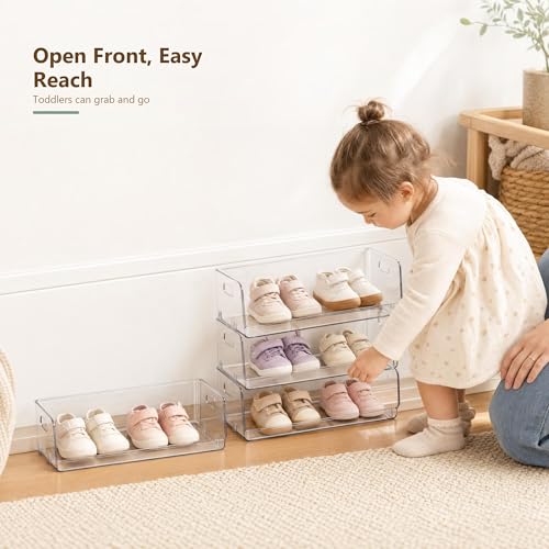Adando Toddler Baby Shoe Organizer: Clear Acrylic Kids Shoe Rack for Closet Nursery Bedroom Floor - 4 Tier Stackable Open Front Small Shoe Storage for Baby Toddler Shoe Size 0-10 by Adando - Used condition - Image 8