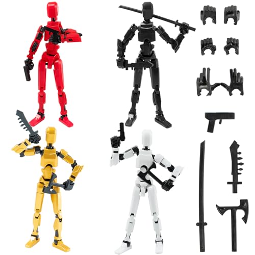 4PCS Titan 13 Action Figures Set Robot Fidget Toys for Kids, Lucky Dummy T Nova N 13 Action Stick Figure Sensory Toy for Boys, Multi Movable Joints Fidgets (Golden+Black+White+Red)