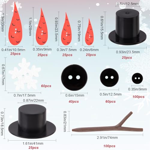 GORGECRAFT 510PCS Christmas Snowman DIY Craft Kit Mini Wood Carrot Noses Plastic Black Top Hats Tiny Snowflake Buttons Antler Hands Build for Winter Xmas DIY Crafting Sewing Party Holiday Supplies - Image 2