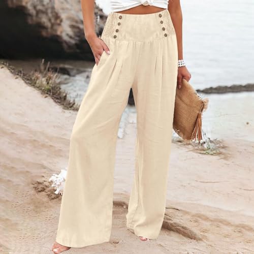 Business Casual Pants for Women, Cotton Linen Blend Wide Leg High Waisted Trouser, Breathable Flattering Fit Pants2