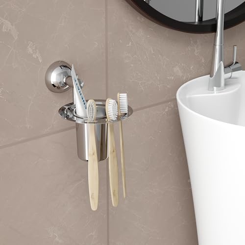 Image of USF Toothbrush Tumbler Holder Stand, 304 Stainless Steel Wall Mounted Bathroom Cup Holder with Toothbrush Stand, Long Lasting Build, 25 Years Warranty (Chrome Finish) - Torin