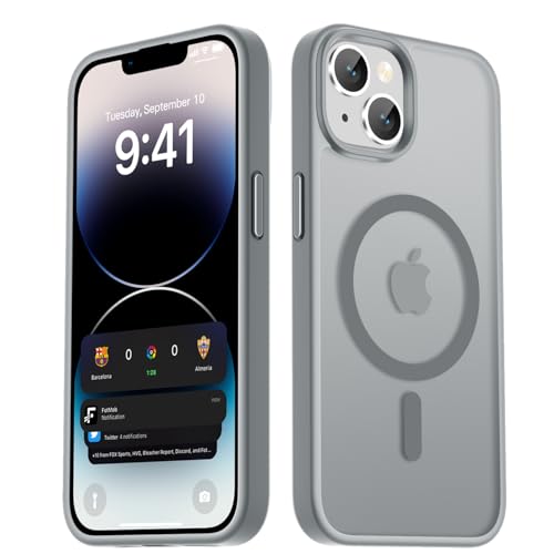 LATVIN for iPhone 14 Case & iPhone 13 Case, Magnetic Phone Cover with 1 Screen Protector, Compatible with MagSafe, Military Grade Protection, Translucent Matte Frosted Back, Gray
