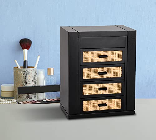 Jewelry Organizer, Rattan Jewelry Box, 5 Layer Wooden Jewelry Organizer Box With Mirror, Jewelry Boxes With 4 Drawers For Women Men, Black Jewelry Storage For Rings Earrings Necklaces Bracelets Watch #TOP3