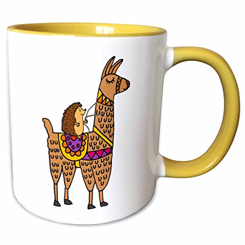 3dRose Funny Cool Hedgehog Riding llama Cartoon 11oz Two-Tone Yellow Mug