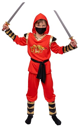 Magicoo goldener Drache Ninja Kostüm Kinder Jungen rot gold - Fasching Kinder Ninja Kostüm für Kind Ninjakostüm (M)