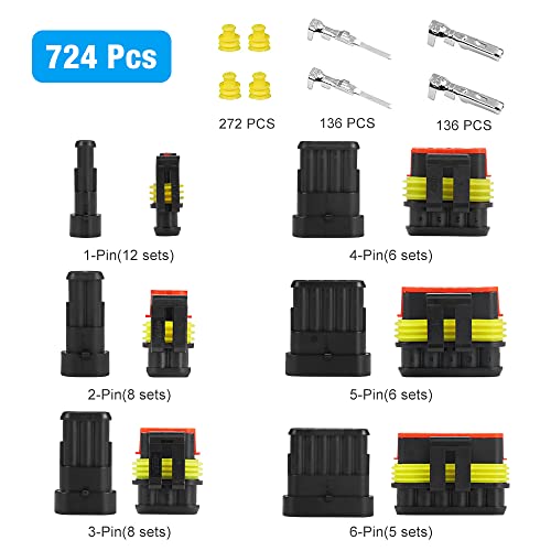 Cnaodun 724Pcs 45 Kits Waterproof Automotive Electrical Connectors Terminals Automotive Wire Connectors Plug Connector Kit 1/2/3/4/5/6 Pin Male And Female #TOP1