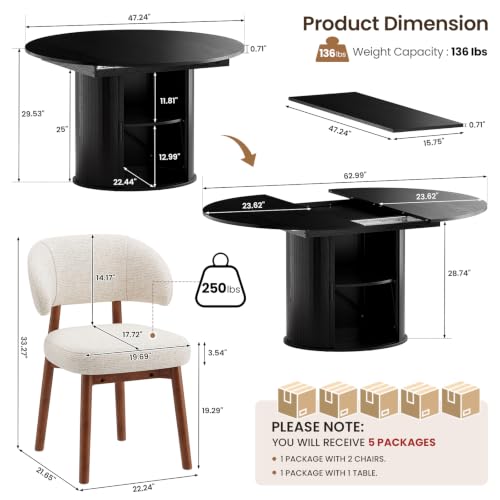 Image of MALOL 47 inch-63 inch Extendable Round to Oval Dining Room Table Chairs Set for 4-8, Modern Wooden Kitchen Table and Chairs with Hidden Storage and Fluted Design for Dining Room /Small Space(Black and Beige)