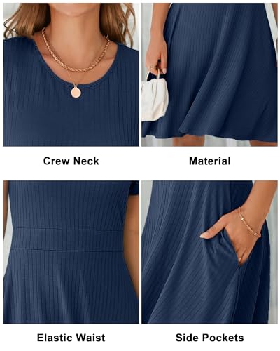 Image of Newshows Womens 2025 Summer Dresses Short Sleeve Ribbed Knit A-Line Swing Beach Vacation Outfits Casual Sundress with Pockets