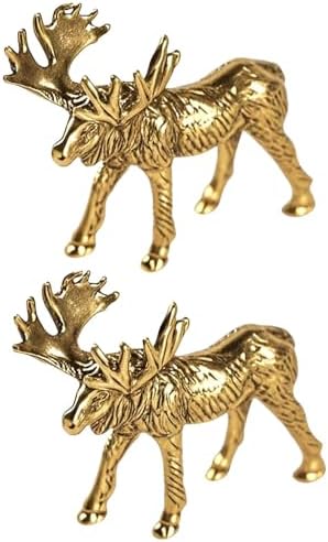 2pcs Vintage-Style Mini Brass Moose Figurine Rustic Handcrafted Collectible Statue 3D Desk Decor image 2