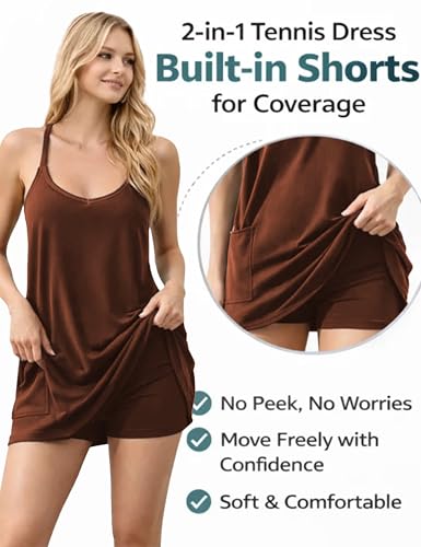 Image of Womens Athletic Sundress with Built-in Shorts Golf Tennis Romper | Sleeveless Mini Spaghetti Strap dress Functional side pockets tummy-friendly fit casual beach vacation
