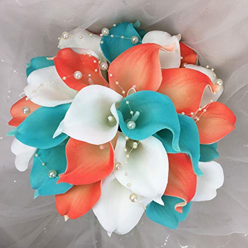Lily Garden® Real Touch Calla Lily Coral And White And Carnation Turquoise Flowers Wedding Bouquet (Wedding Bouquet Lilies) #TOP1
