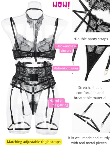 Kaei&Shi Garter Lingerie Set For Women, Sexy Floral Lace, Strappy High Waisted Hide Belly, 4 Piece With Exotic Choker Belt,Black,Medium