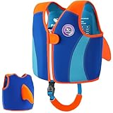 Pottwal Swim Vest for Kids - Swim Jacket for 3-6 Years (40-66LBS Weight) - Buoyancy Aid Made of EPE and Neoprene - with Adjustable Crotch Strap - Orange Blue Fish Fin Pattern