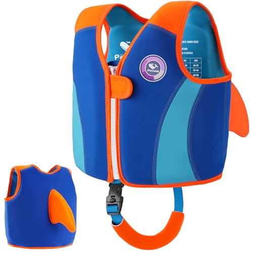Pottwal Swim Vest for Kids - Swim Jacket for 1-2 Years (24-33LBS) - Buoyancy Aid Made of Neoprene & EPE - with Adjustable Crotch Strap Blue Orange Large