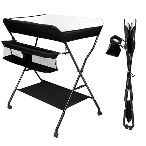 Combi à langer pour bébé - Commode à langer pliable, table à langer mobile avec matelas à langer, ceinture de sécurité et compartiments de rangement, peu encombrante et stable, 80 x 66 x 98 cm (86 x