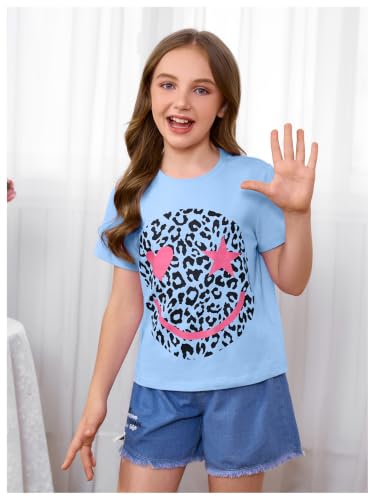 Image of WDIRARA Girl's Leopard Graphic T Shirt Crew Neck Short Sleeve Tee Shirts Cute Tops