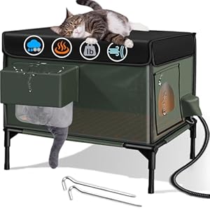 Heated Cat House for Outside Cat Insulated in Winter,Fully Waterproof,Escape Door,with Adjustable Awning,Outdoor Cat Shelter for Stray Feral Barn Cat to Stay Warm & Dry,Army Green,M-13x22x20in