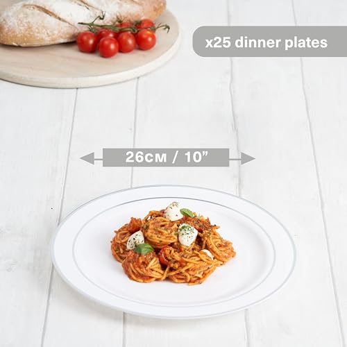 MATANA 25 Premium Białe Plastikowe Talerze Obiadowe z Srebrną Krawędzią, 26 cm / 10 Cali - Eleganckie i Wielokrotnego Użytku Talerze na Wesela, Urodziny, Pikniki, BBQ, Imprezy