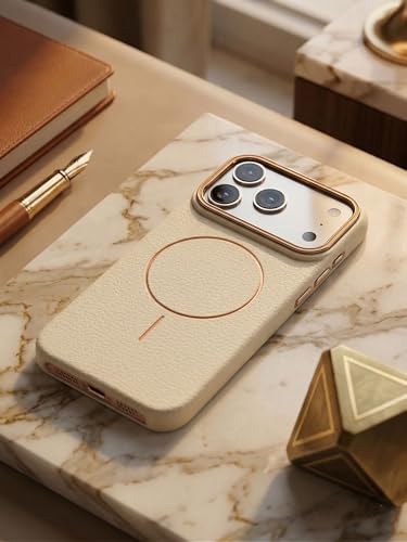 Image of amazon basics Luxury MagSafe Compatible Leather Texture Back Cover for iPhone 17 Pro Max | Raised Camera Protection | Slim Fit Shockproof Case with Metallic Accents (White)