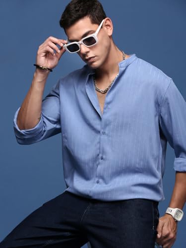 Image of SHOWOFFFF Men Solid Casual Shirt | Mandarin Collar Full Sleeves Cotton Shirt for Mens | Slim Fit Regular Length Shirt for Men's