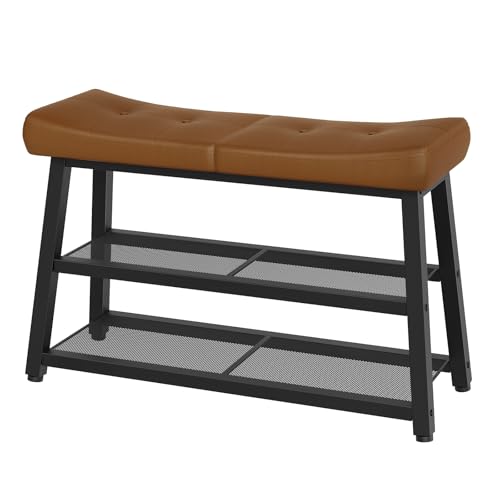 Shoe Bench, 3-Tier Shoe Rack, Entryway Bench with Storage and Cushion, for Hallway, Foyer, Bedroom, Brown and Black HX02BV