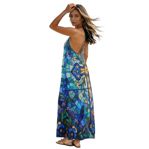 Robe caraco dos nu fluide vitrail bleu pour femme d'été taille M à 4XL