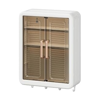 マグネット式壁掛けキャビネット, 防水仕様, ダブルドア収納ボックス, 5フック付き, 浴室キッチン寝室用, ホワイト (観音開き)