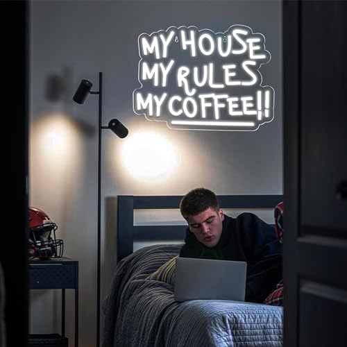 Image of My House My Rules My Coffee Neon Signs for Wall Decor Neon Lights for Bedroom Led Business Signs Suitable for Coffee Shops Christmas Birthday Party Gift 5V Power Adapter, 16.1*11.8 Inch(White)