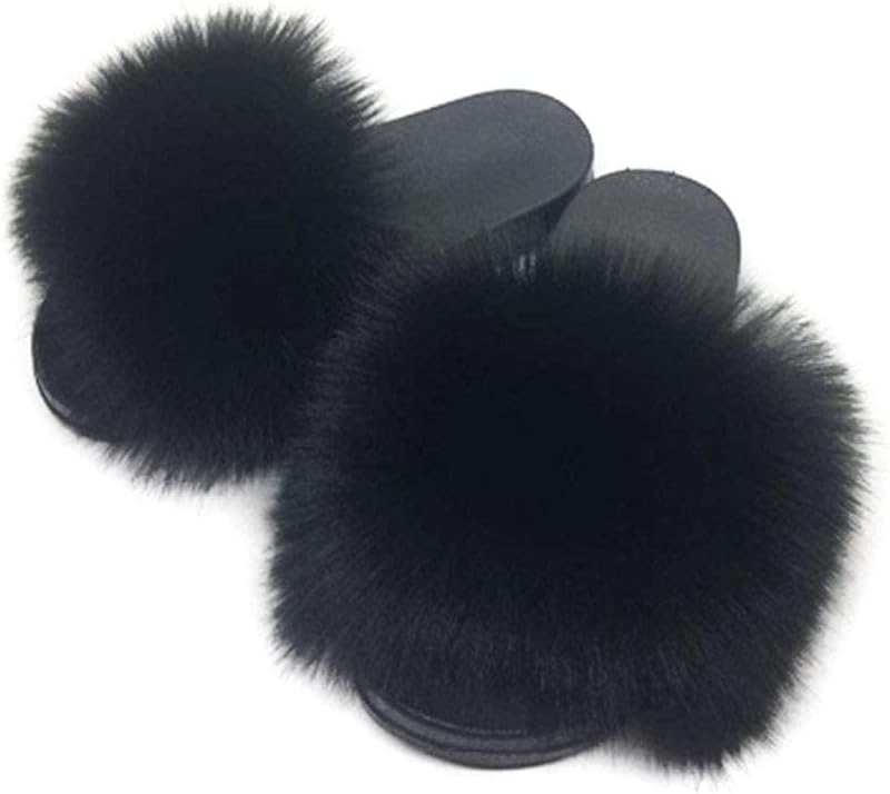 Women's Faux Fur Slides Slippers Fluffy Fuzzy Sandals Open Toe Furry Slide Flip Flop Indoor Outdoor