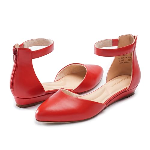 Cusolemore Red Flat Shoes for Women, Comfortable Closed Toe Dress