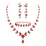 Ever Faith Marquise Crystal Costume Party Jewellery Set for Women, Gorgeous Leaf Rhinestone Wedding Necklace Dangle Earrings Tennis Bracelet Sets Red Gold-Plated-Base