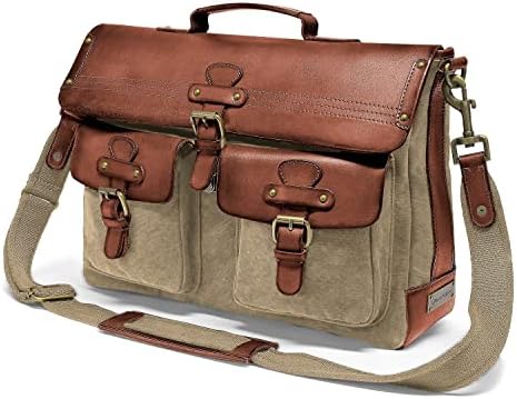 DRAKENSBERG Messenger Bag 'Milo' - shoulder bag and briefcase with laptop compartment up to 15", us letter, men's, sustainable handmade, retro-vintage, canvas, leather, 15L, khaki beige, DR00101
