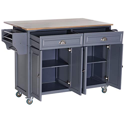 Homcom Rolling Kitchen Island On Wheels Ultility Cart With Drop-Leaf And Rubber Wood Countertop, Storage Drawer, Door Cabinet, Grey #TOP6