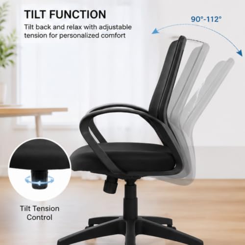 Image of NARSA Aura Ergonomic Mid-Back Office Chair with Breathable Mesh Back, PU Cushion Seat, Fixed Armrests, Tilt Control & Smooth Caster Wheels, Computer Desk Chair for Home Office Work, Self Assembly