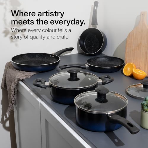 Image of Kreme Aura Granite Non Stick Cookware Set 10pcs | Aluminium Cookware Set | Fry Pan 20cm, 26cm, Sauce Pan 16cm, 18cm, Casserole Pot 20cm with 3 Glass Lid | Induction & Gas Compatible, Blue | Granite Cookware Set