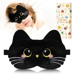 Miss Adola Sleep Mask for Kids - Cute Cartoon Plush Fuffy Sleeping Eye Cover Black Cat Kawaii Soft Eyeshade with Adjustable Strap Animal Eye Blindfold for Kids Girls Boys Teens