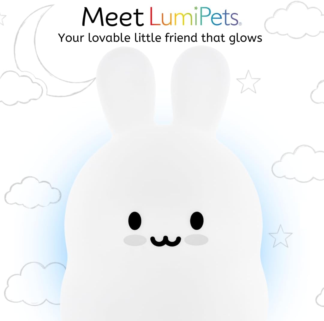 Lumipets Baxter The Bunny Squishy Night Light for Kids | Silicone Lamp with Tap & Remote Control | Rechargeable Color Changing Animal Night Light for Boys & Girls | Portable Nightlight with USB Cord