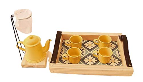 Xícara de Café Goumert, Kit com Suporte, Coador, 4 Canecas 80ml, Bule 270ml, Bandeja Amarelo